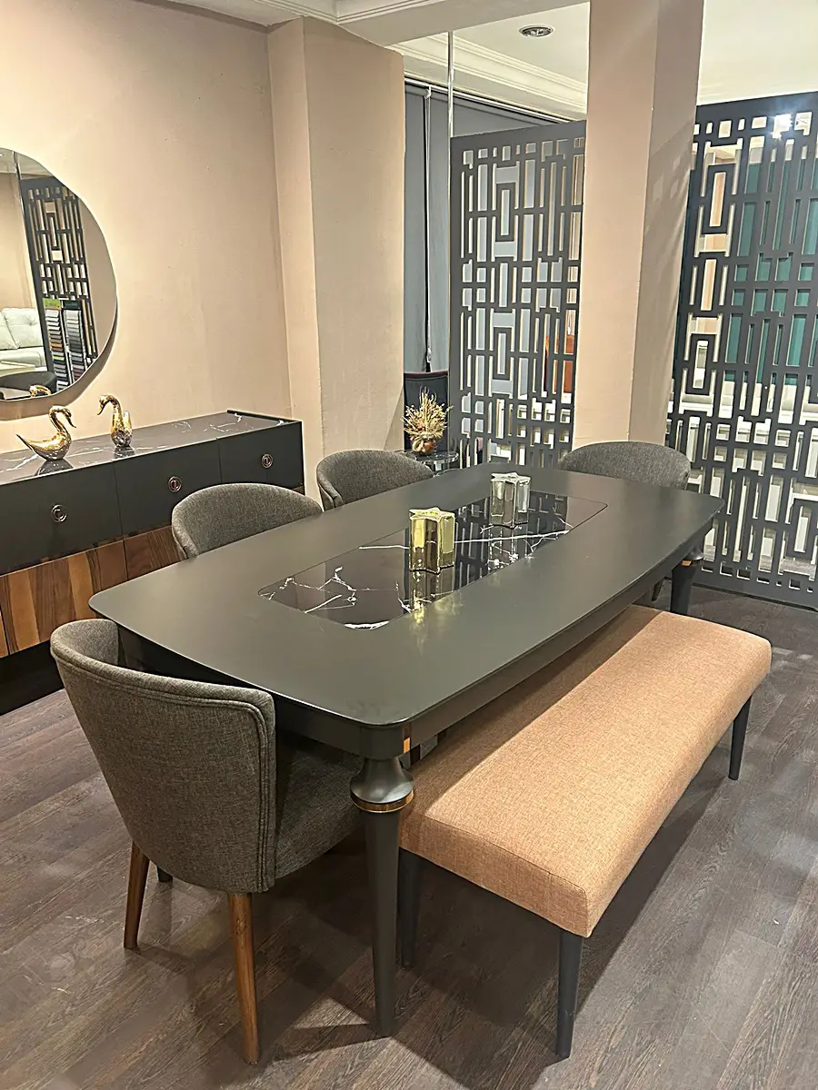 Mermer Detaylı Modern Ceviz Yemek Odası Takımı
